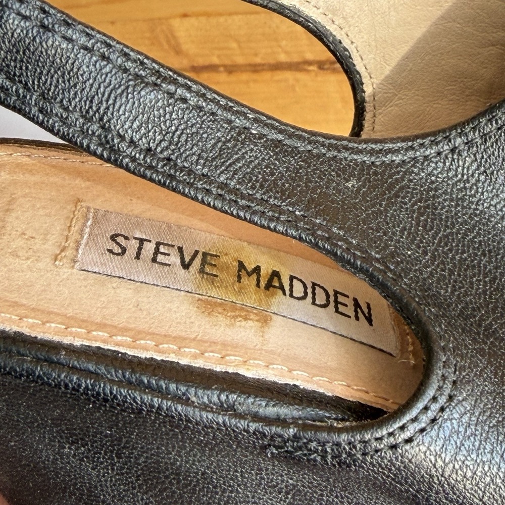 Steve Madden Leather Peeptoe Wedge Shoe 8M Blassst Black Whimsigoth Slingback - Picture 7 of 7